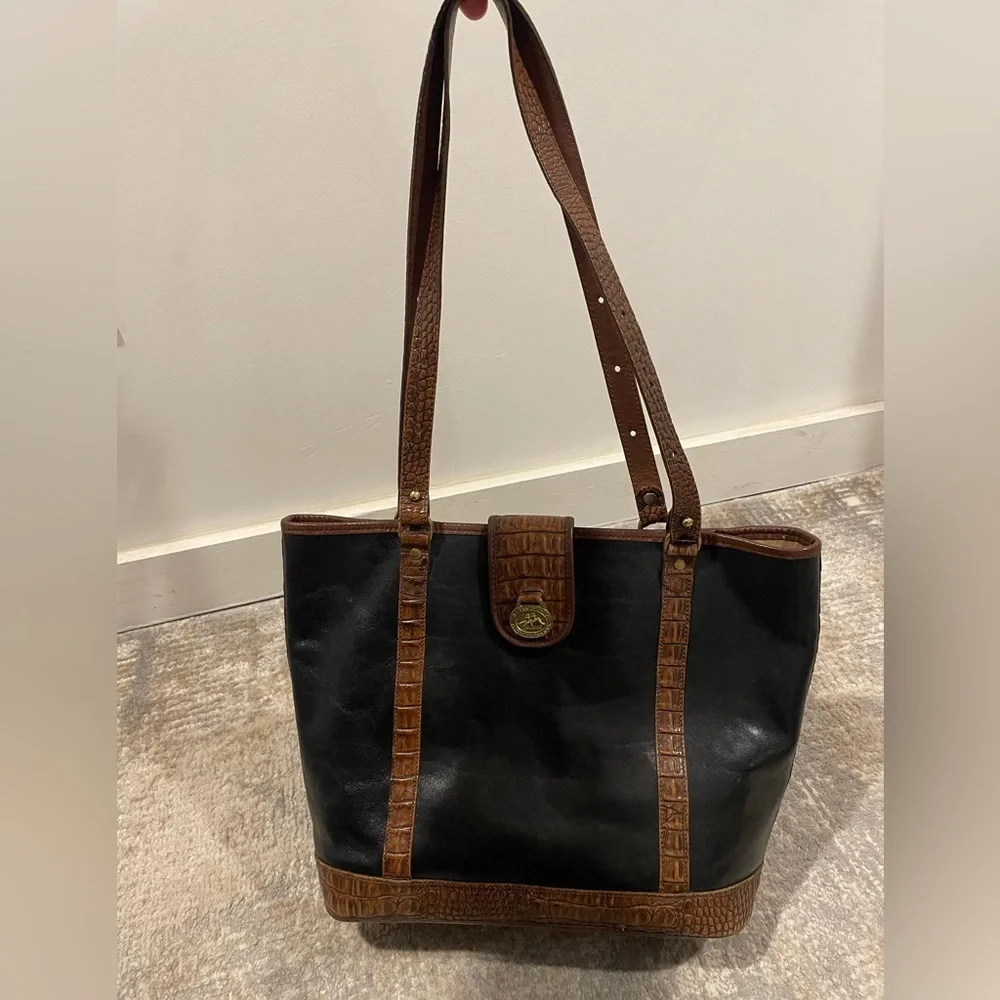 Vintage Brahmin Black Brown Croc Leather Tote Satchel Handbag Shoulder Bag